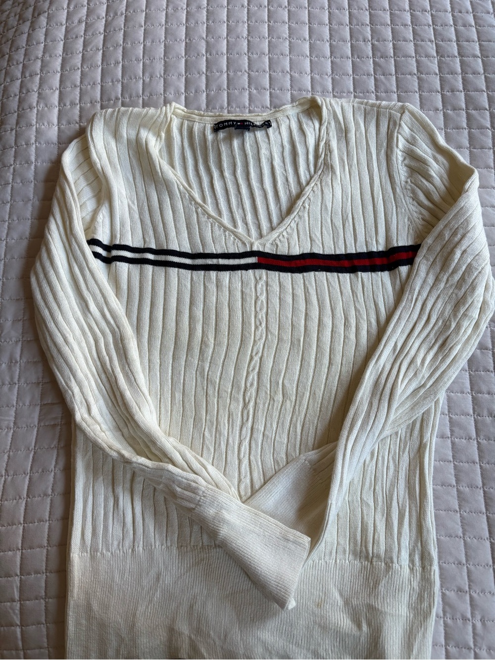 Vintage 90s Tommy Hilfiger White Cream Cable Knit Cotton Sweater Size M